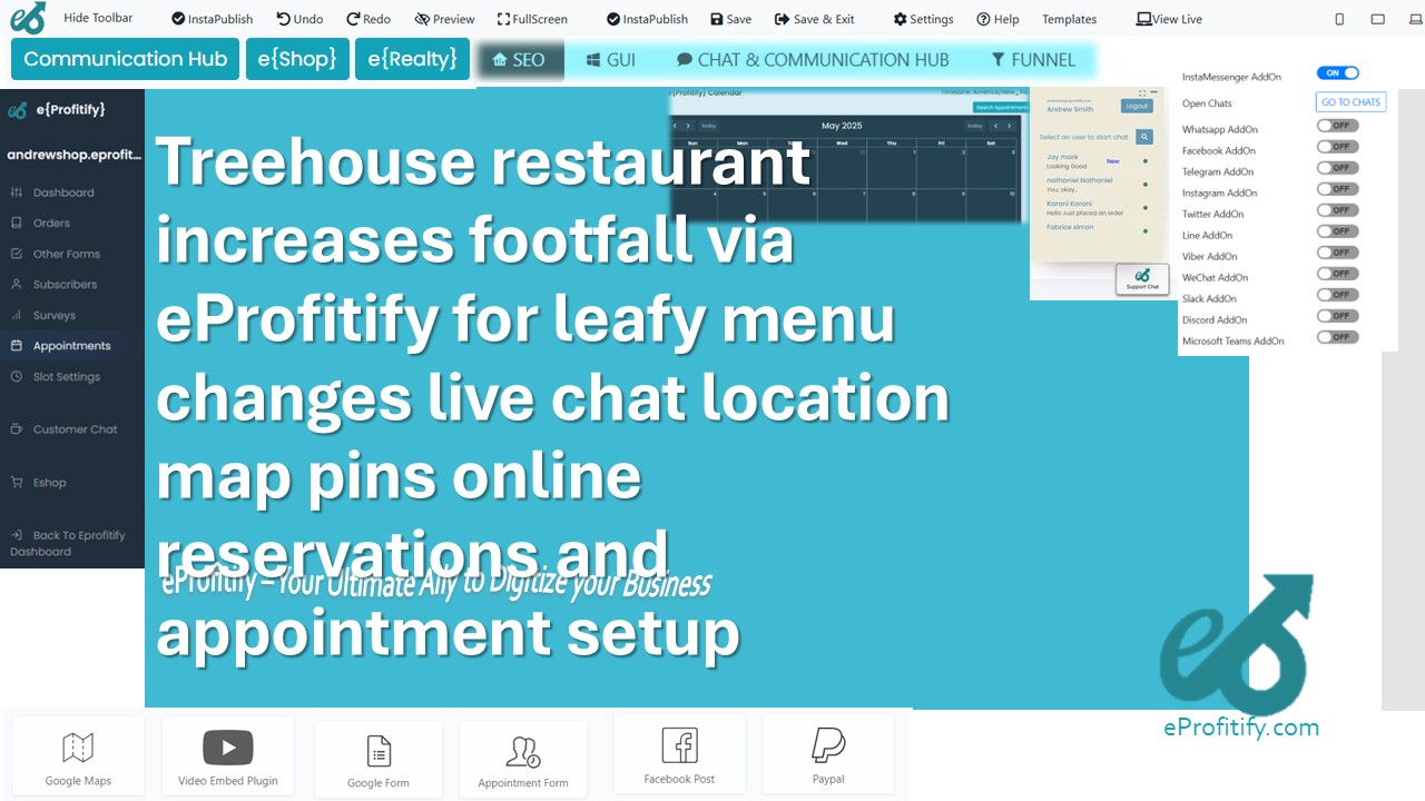 Treehouse restaurant increases footfall via eProfitify for leafy menu changes live chat location map pins online reservations and appointment setup